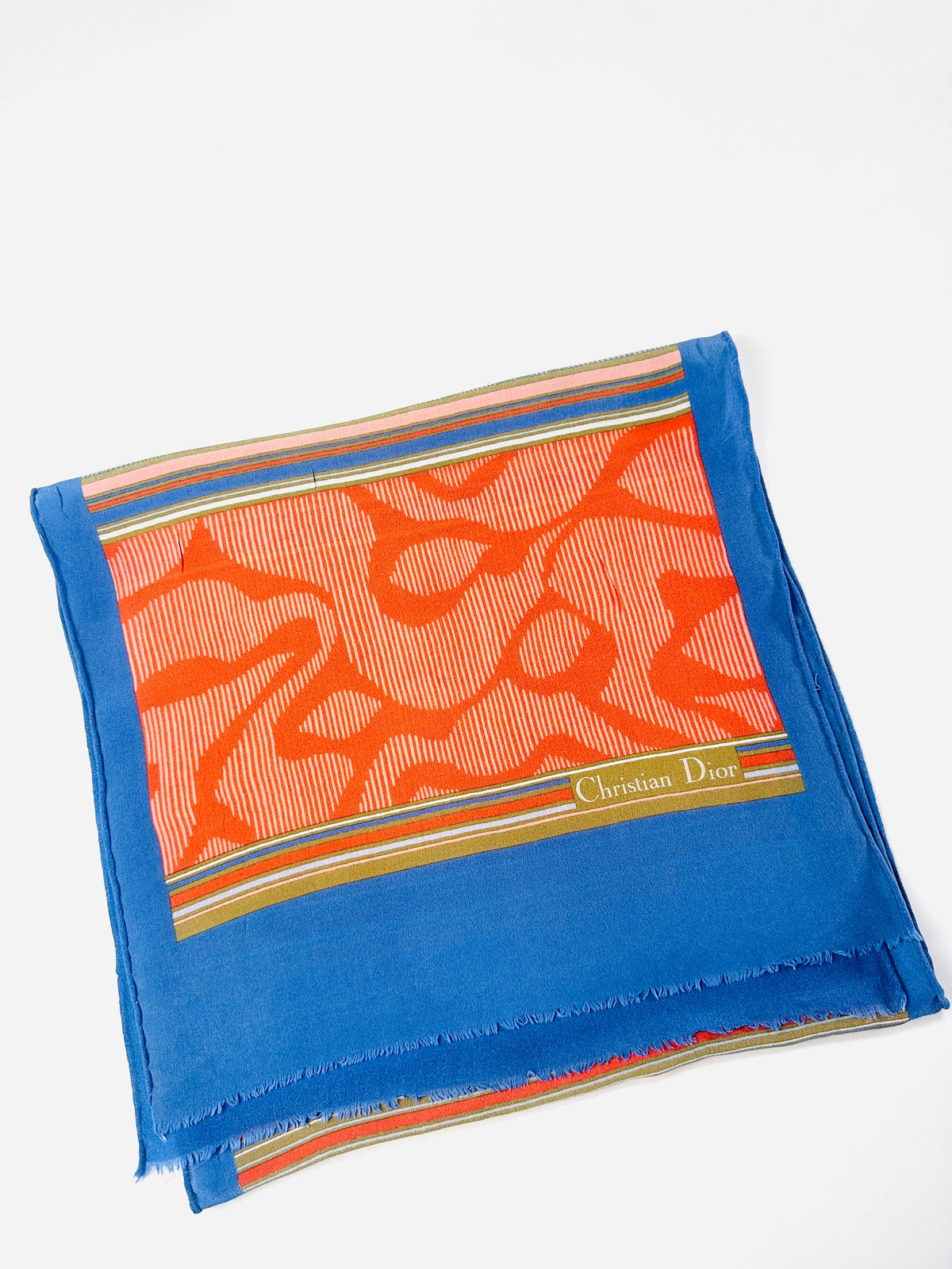Foulard Christian Dior en soie bleu et orange motif abstrait japonais vintage authentique