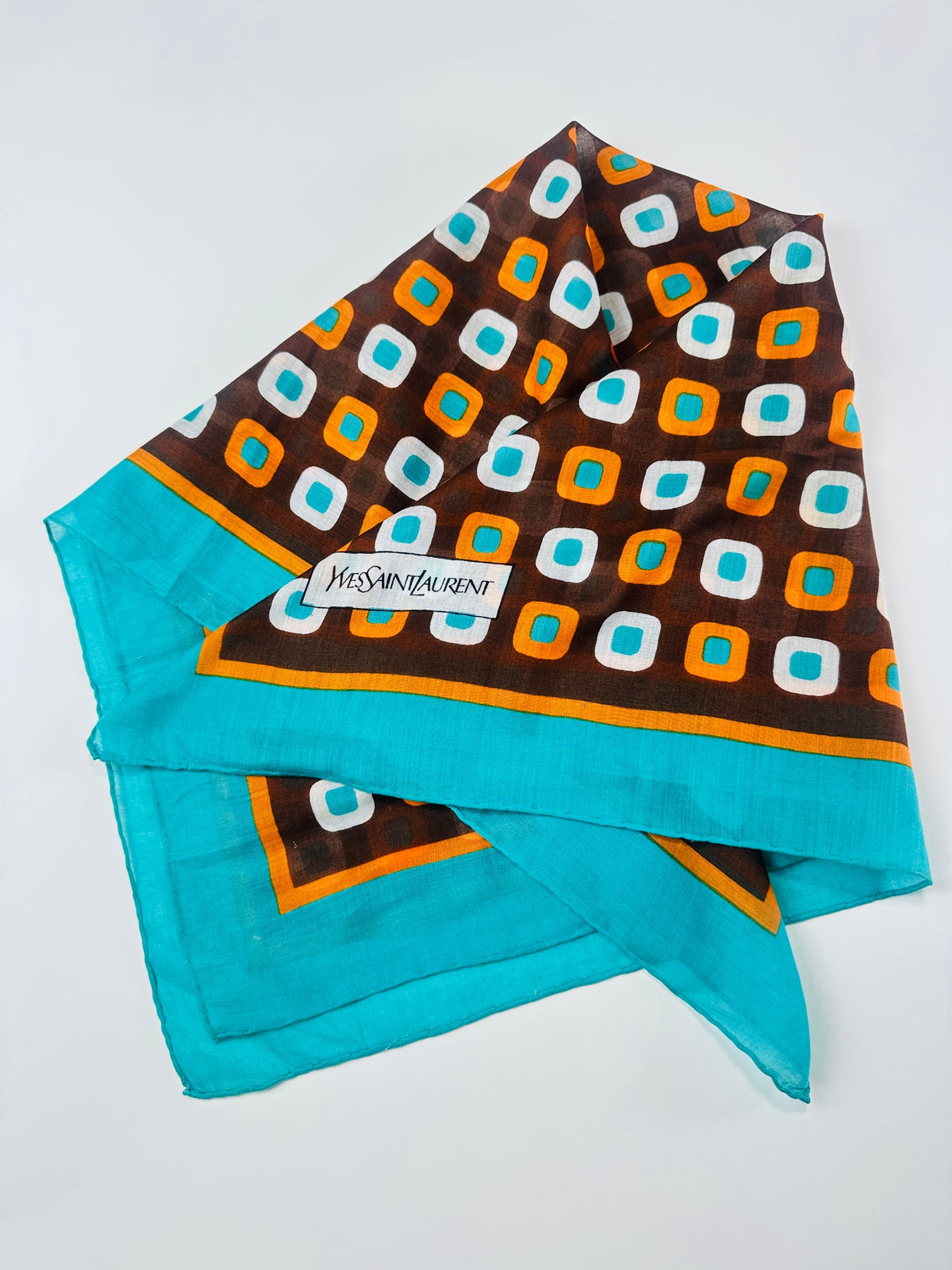 Silk Scarf Yves Saint Laurent in Brown and Turquoise with Vintage Geometric Pattern