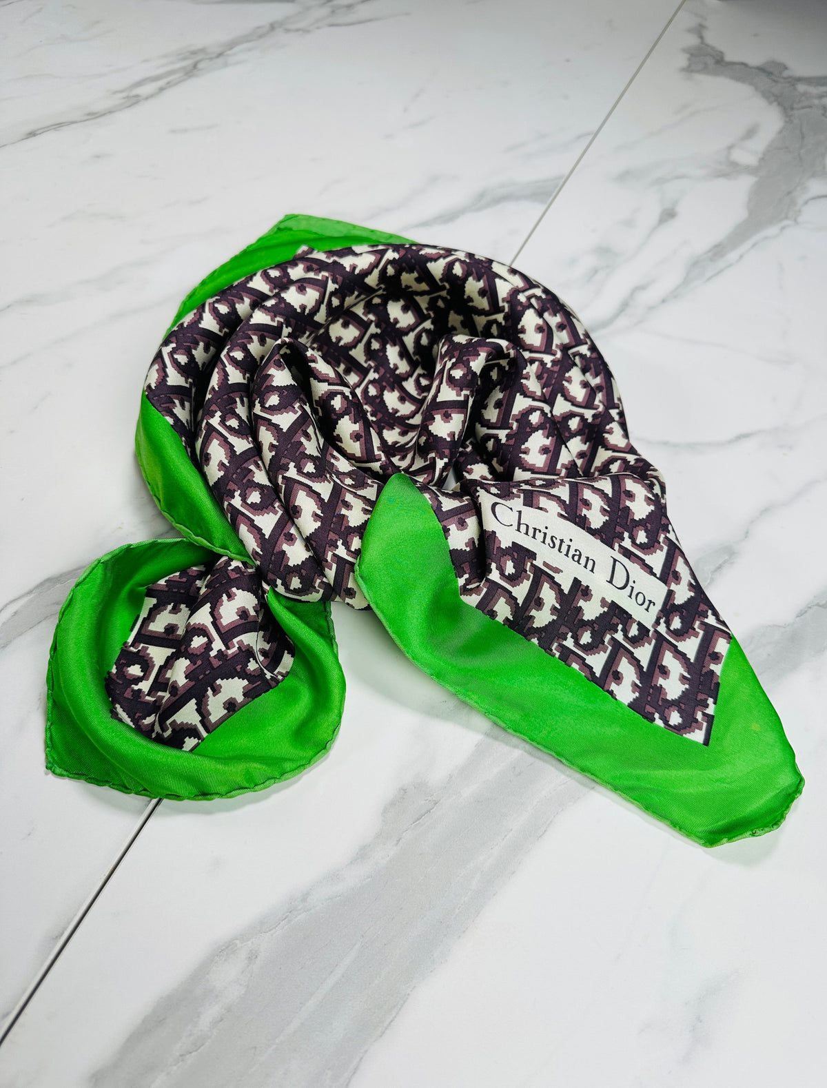 Christian Dior Silk Satin Square in Green and Black Vintage Geometric Pattern
