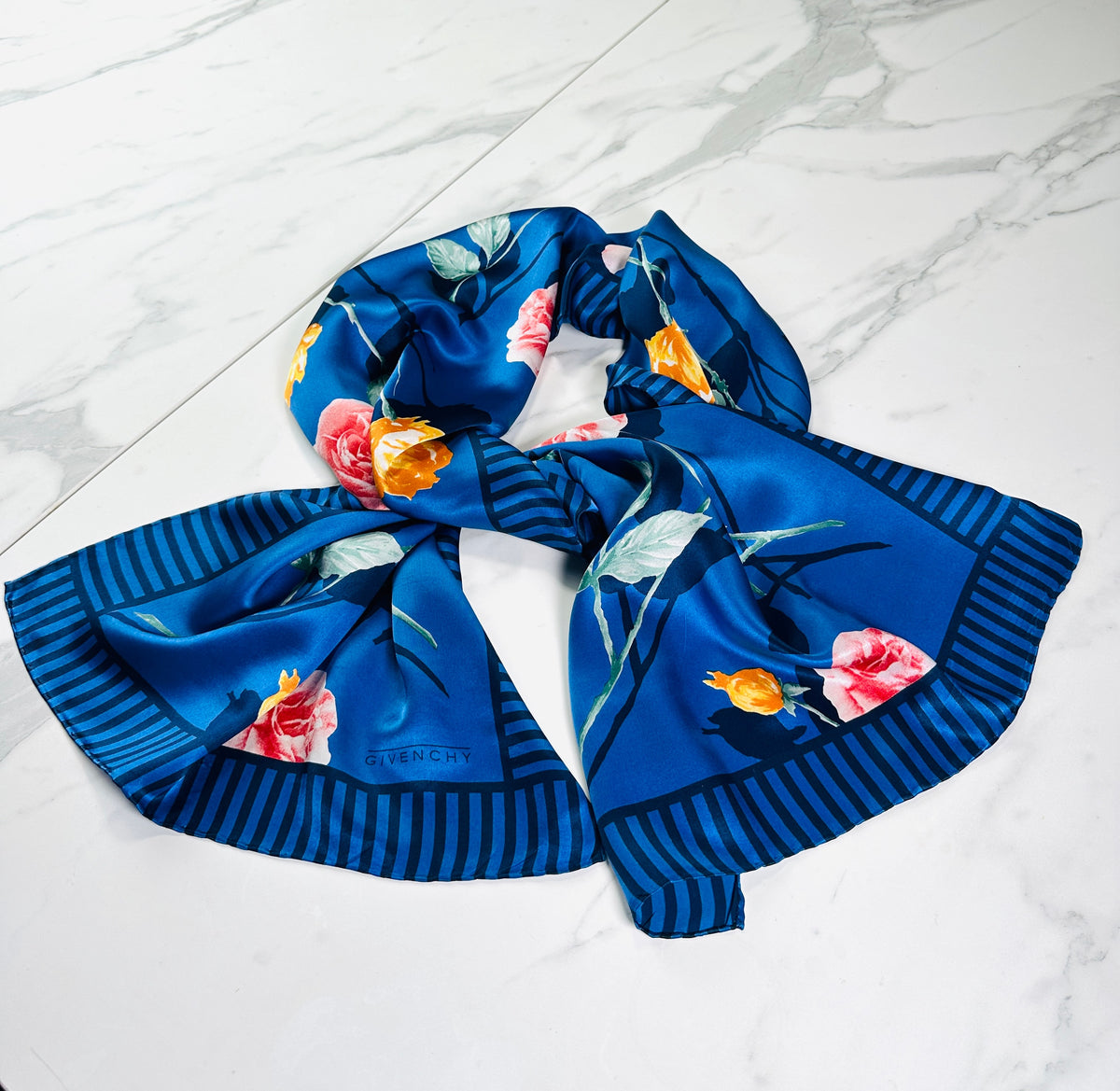 Givenchy Silk Scarf in Blue and Pink Floral Vintage Authentic
