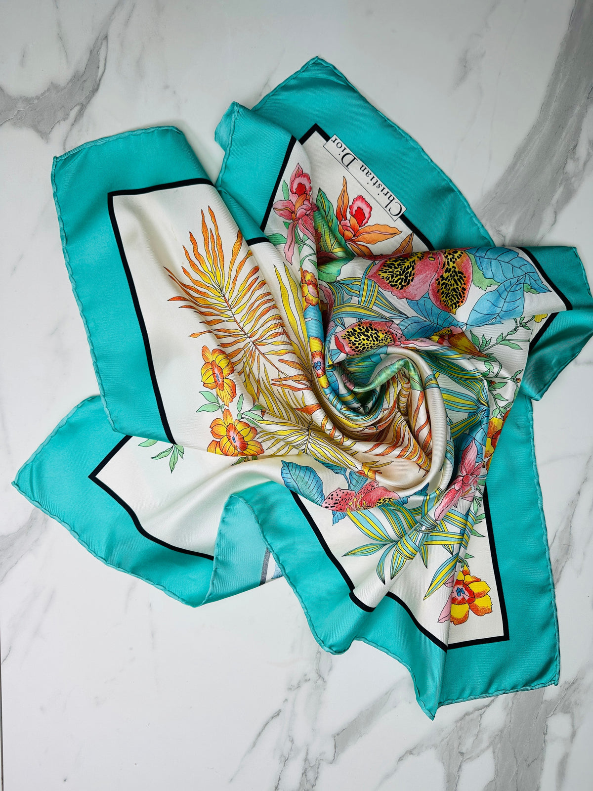Grand foulard en soie Christian Dior turquoise et ivoire avec motif floral vintage authentique