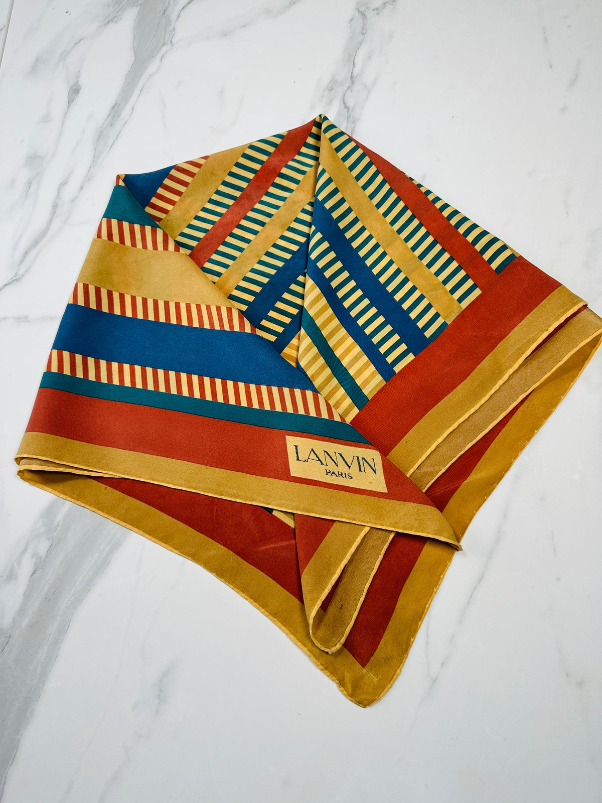Foulard en soie vintage authentique Lanvin à motif rayé marron et beige