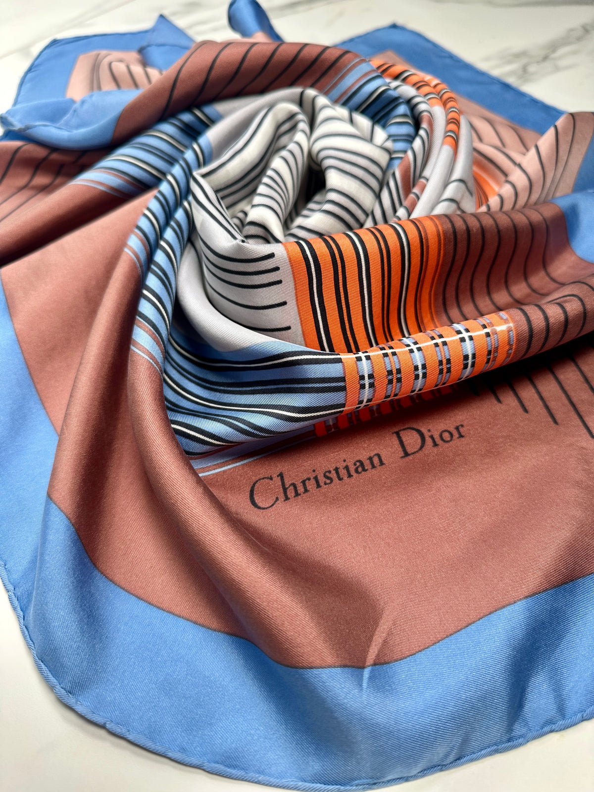Foulard Dior Vintage Authentique en Soie à Motif Géométrique Bleu et Bronze