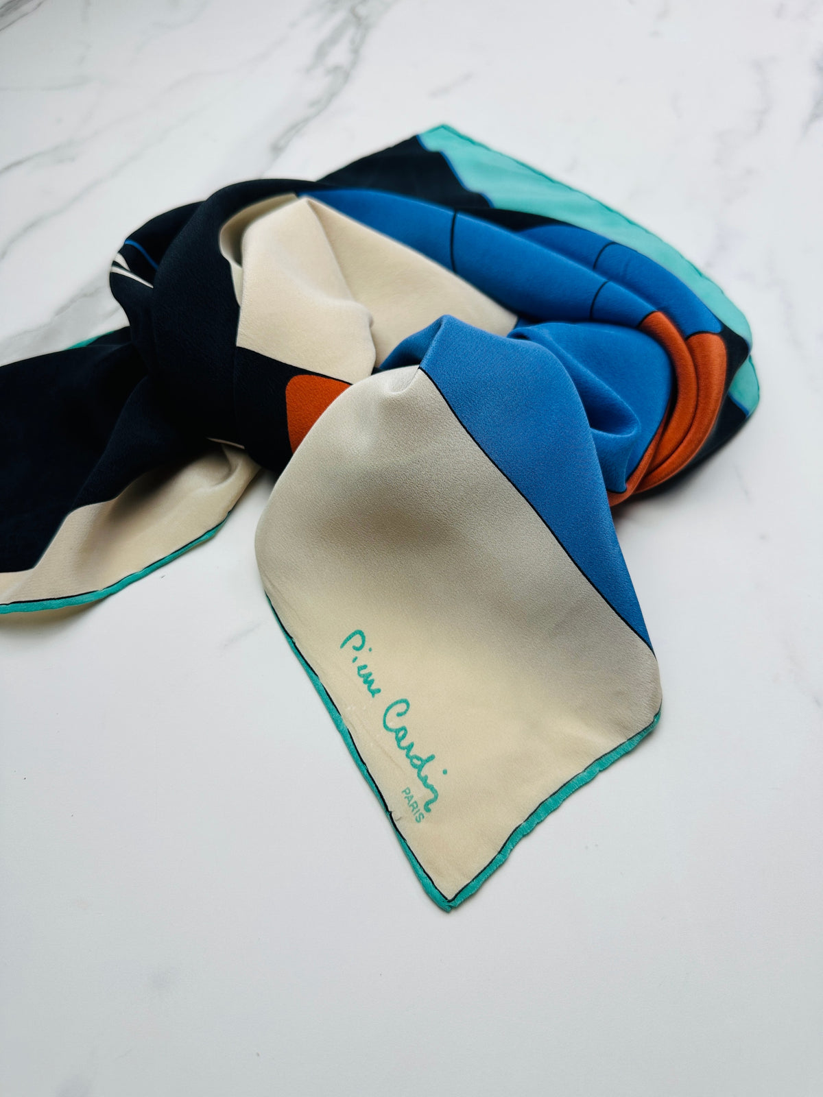 Authentic Vintage Pierre Cardin Silk Scarf with Blue and Cream Geometric Pattern