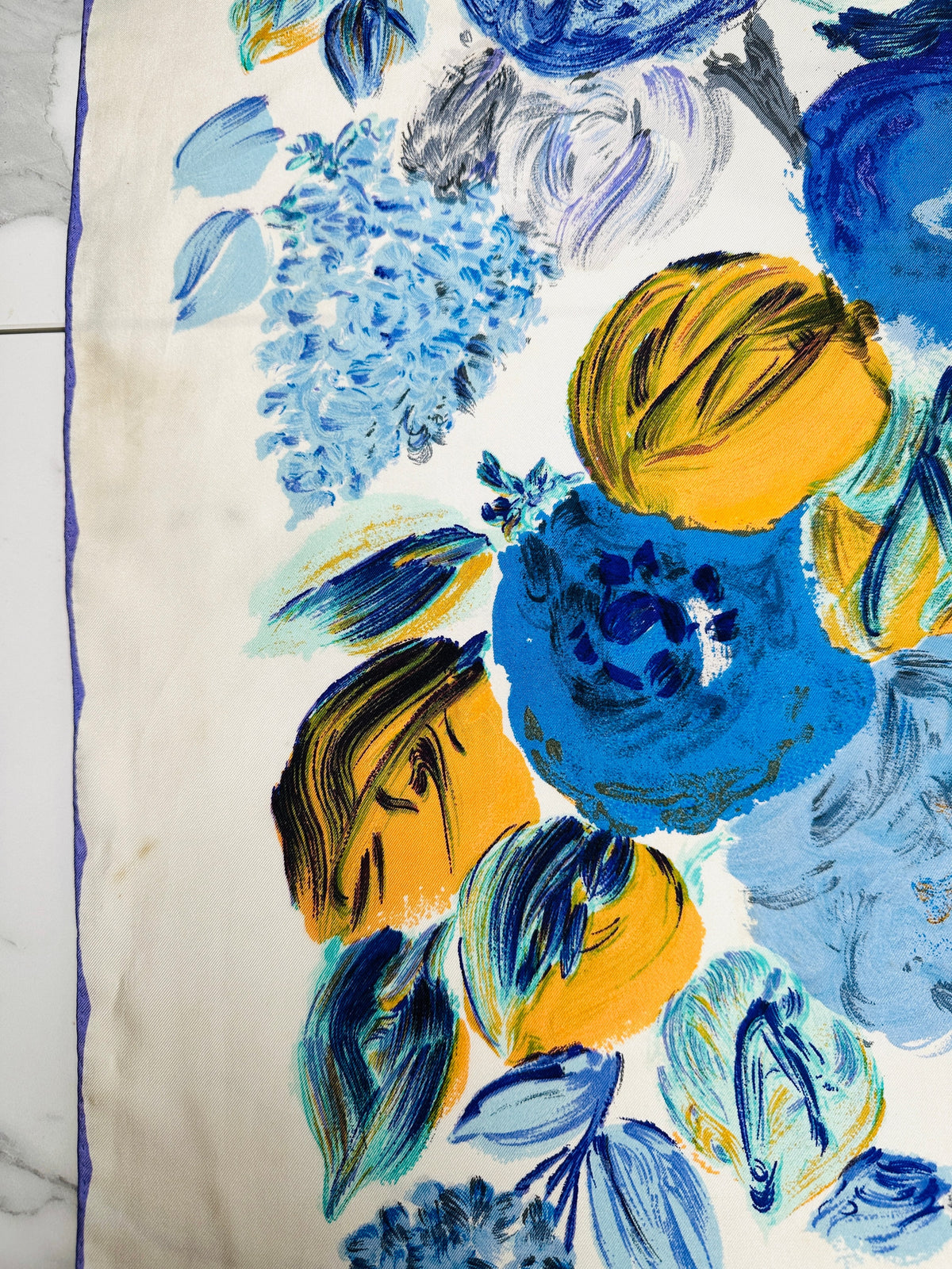 Authentic Vintage Silk Scarf Pierre Balmain Cream and Blue with Floral Pattern