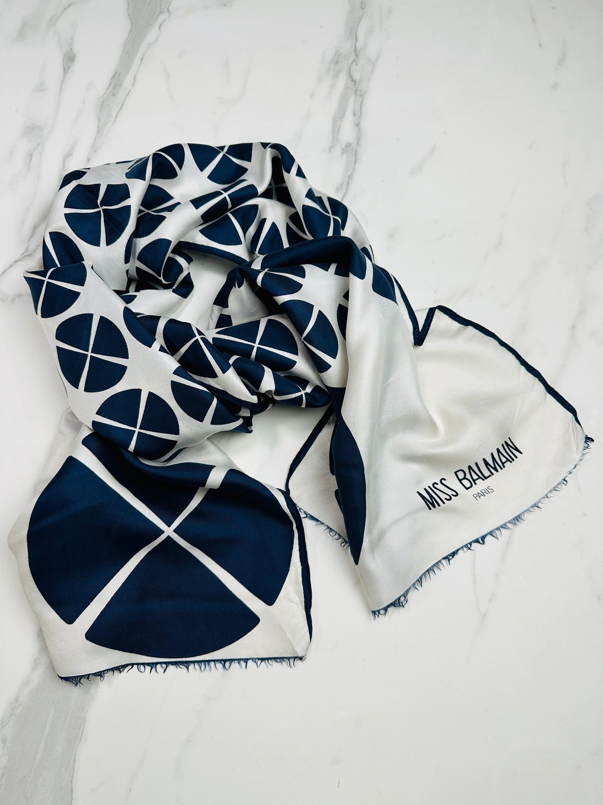 Miss Balmain Silk Scarf in Navy Blue and Cream with Authentic Vintage Geometric Pattern