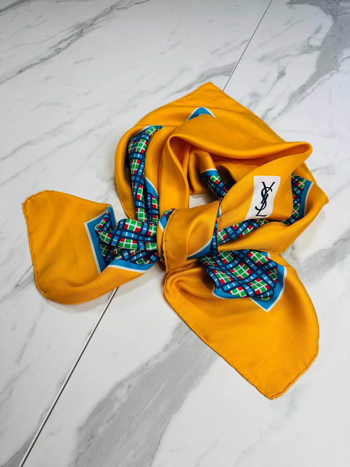 Authentic Vintage Yves Saint Laurent Silk Scarf with Geometric Pattern in Yellow and Blue