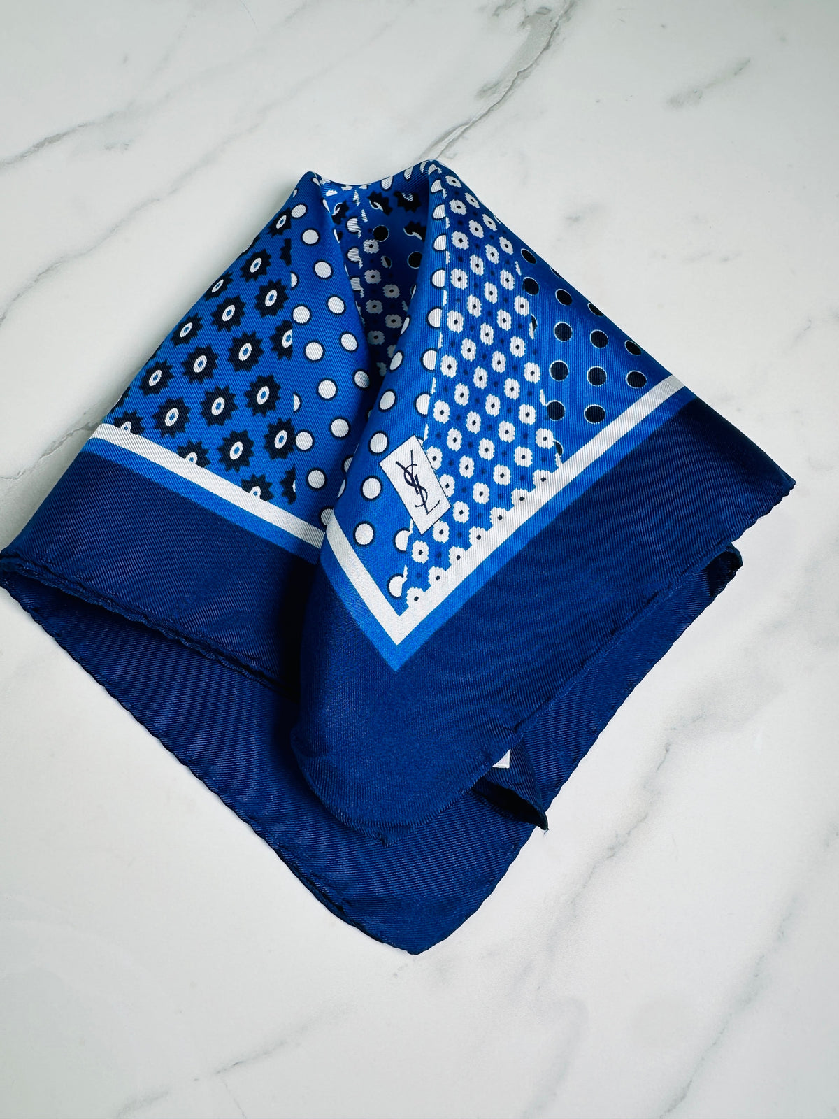 Authentic Vintage YSL Silk Scarf in Dark Blue and White Geometric Pattern