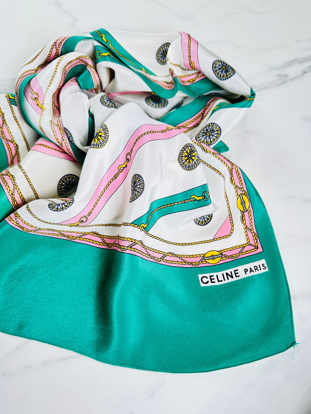 Authentic Céline Silk Scarf in Green and Cream Chain Print