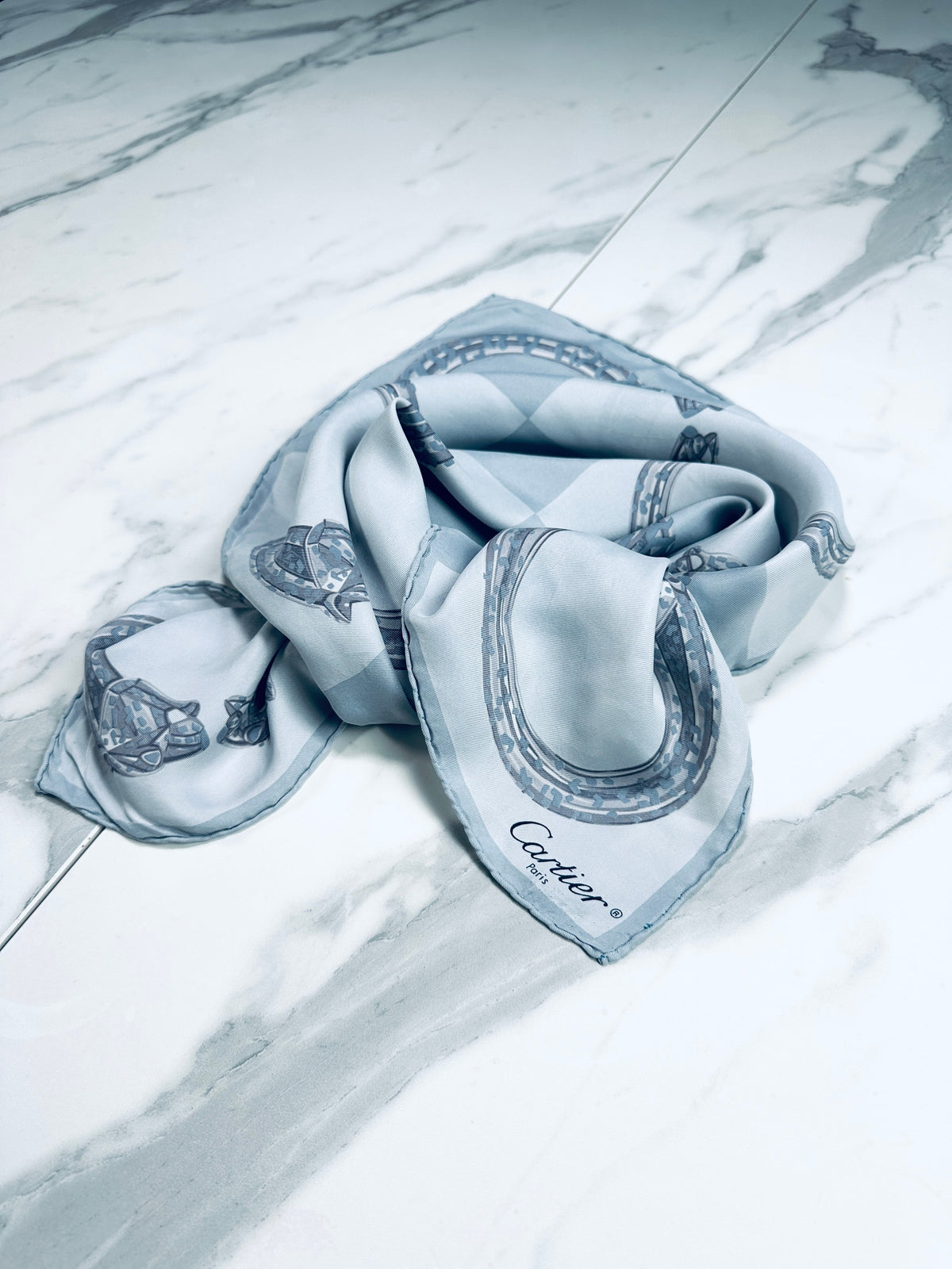 Authentic vintage silk scarf Cartier blue and grey panther motif