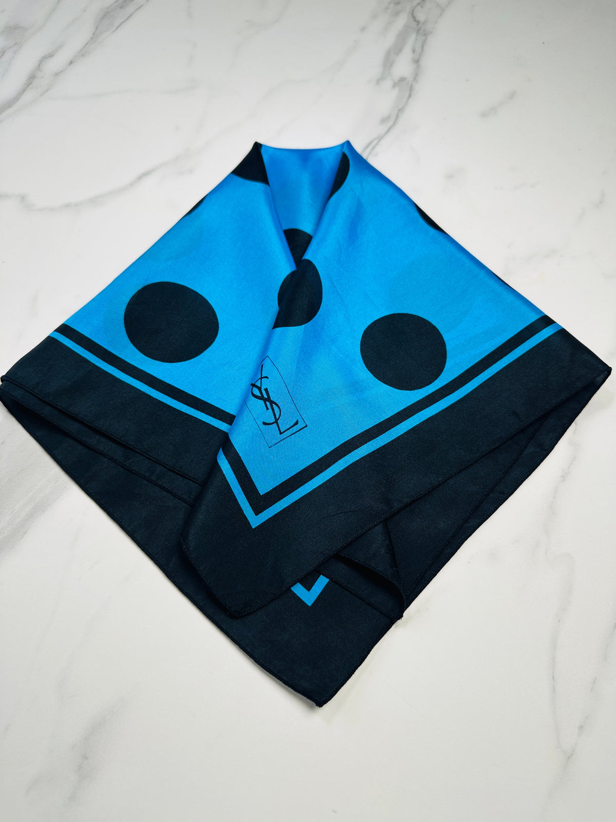 Small silk scarf Yves Saint Laurent blue and black with authentic vintage polka dot pattern