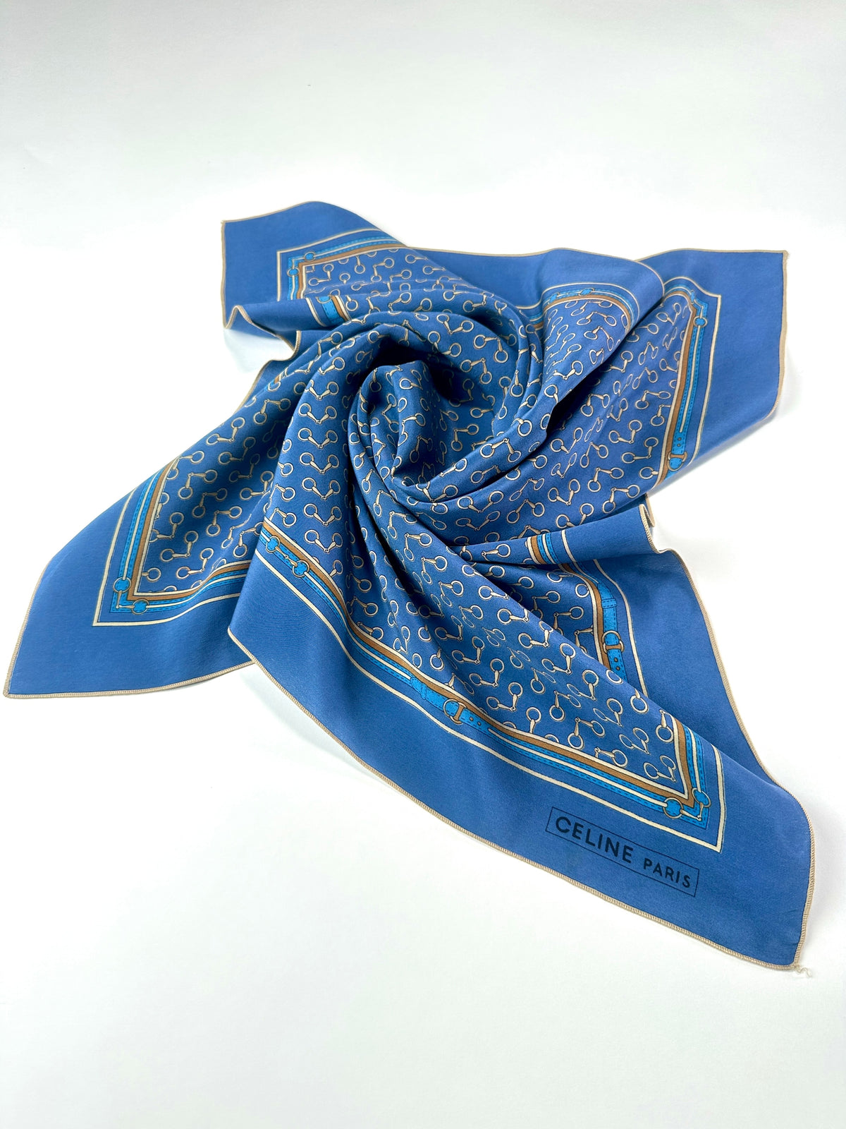 Silk Scarf Céline in Blue and Gold Vintage Equestrian Pattern