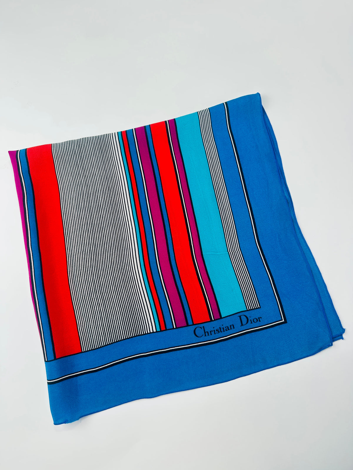 Silk scarf Christian Dior in blue and fuchsia vintage stripes authentic