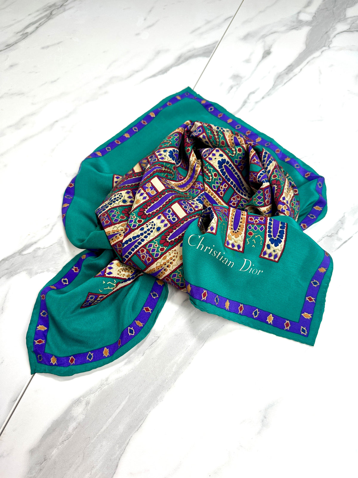 Christian Dior Silk Scarf in Emerald Green and Purple Vintage Geometric Pattern