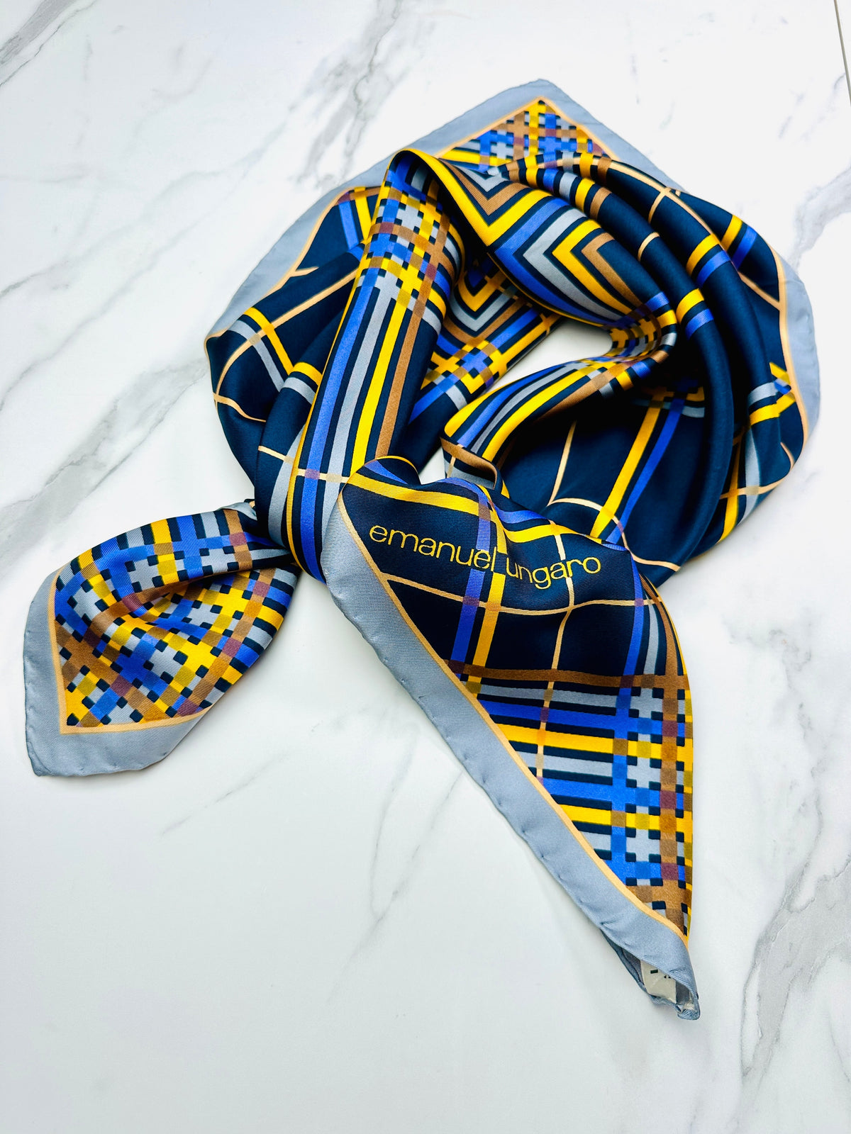 Large silk scarf Emanuel Ungaro navy blue with authentic vintage geometric pattern