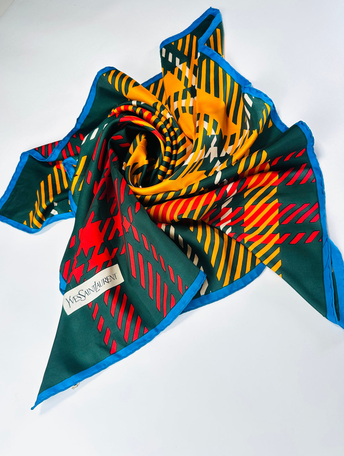 Silk Scarf Yves Saint Laurent in Green and Orange Authentic Vintage Tartan Pattern