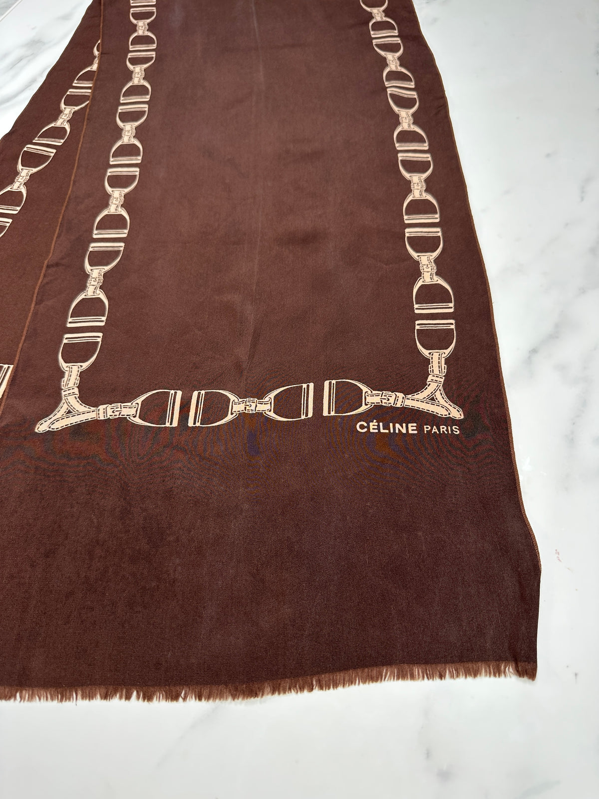 Céline Vintage Authentic Silk Scarf Equestrian Pattern Brown and Beige