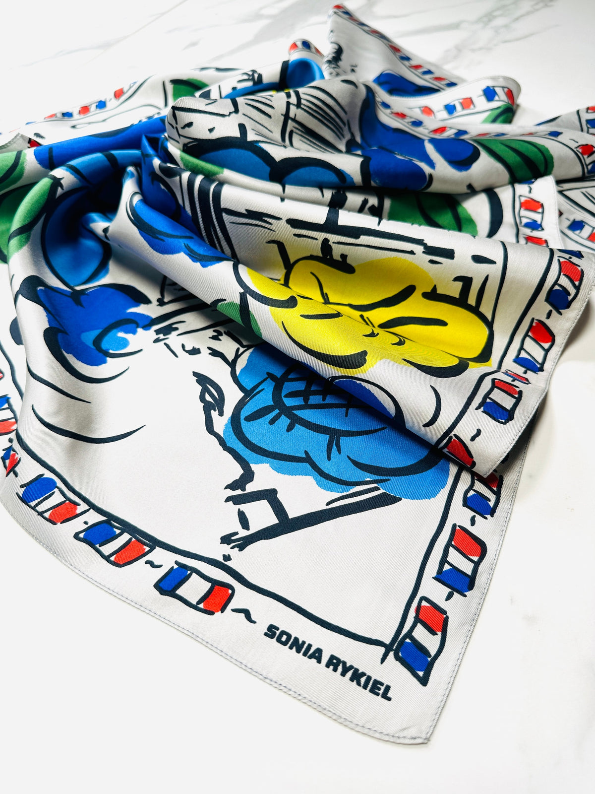 Large silk scarf Sonia Rykiel white and blue vintage floral pattern authentic