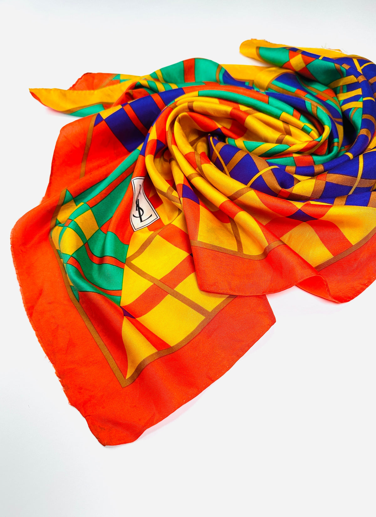Large Silk Scarf Yves Saint Laurent in Yellow and Red Vintage Geometric Pattern
