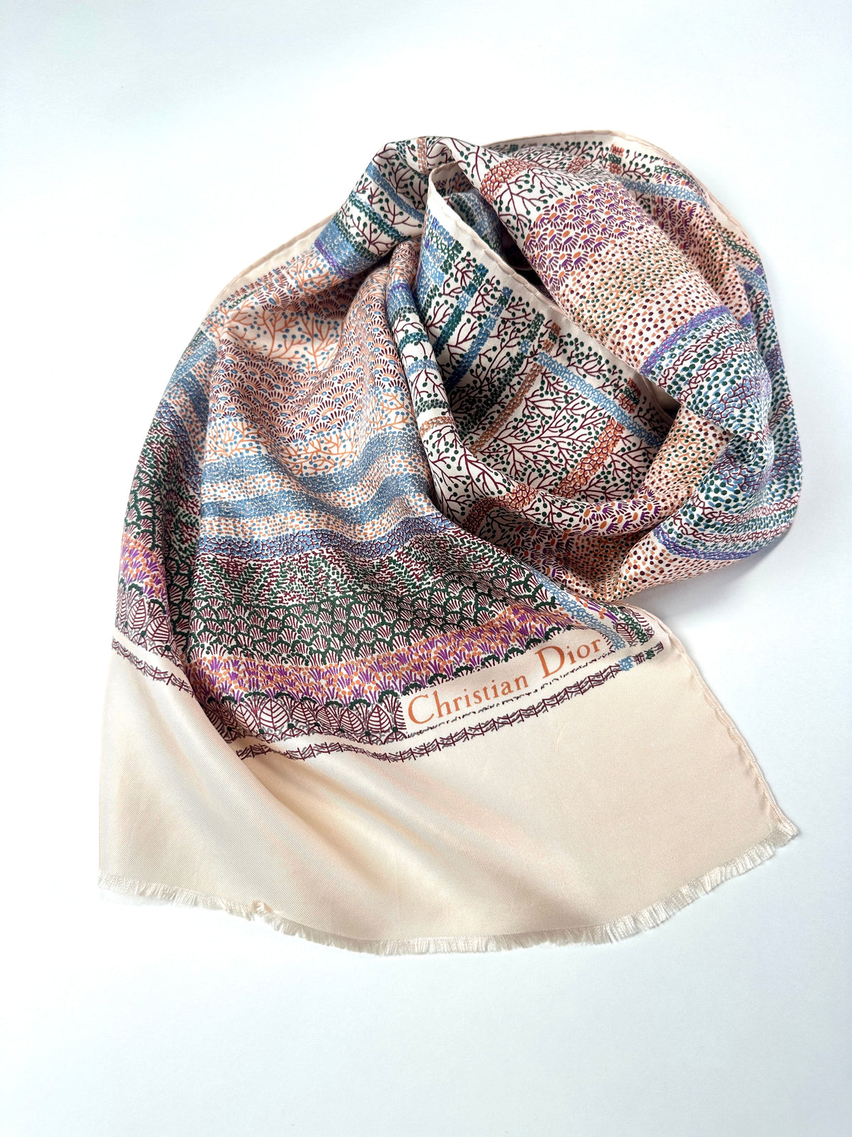 Foulard Christian Dior en soie rose et crème motif floral japonais vintage authentique