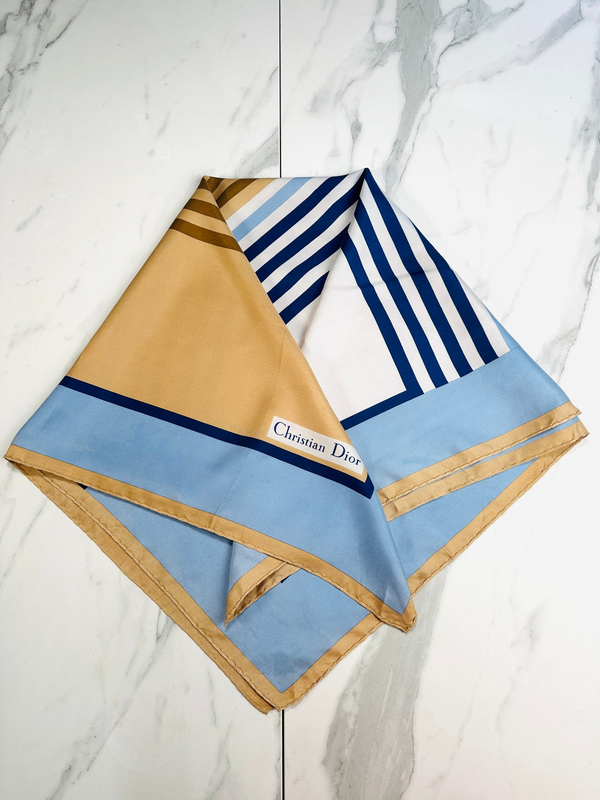 Foulard en soie satinée bleu et bronze à motif rayé Christian Dior vintage authentique