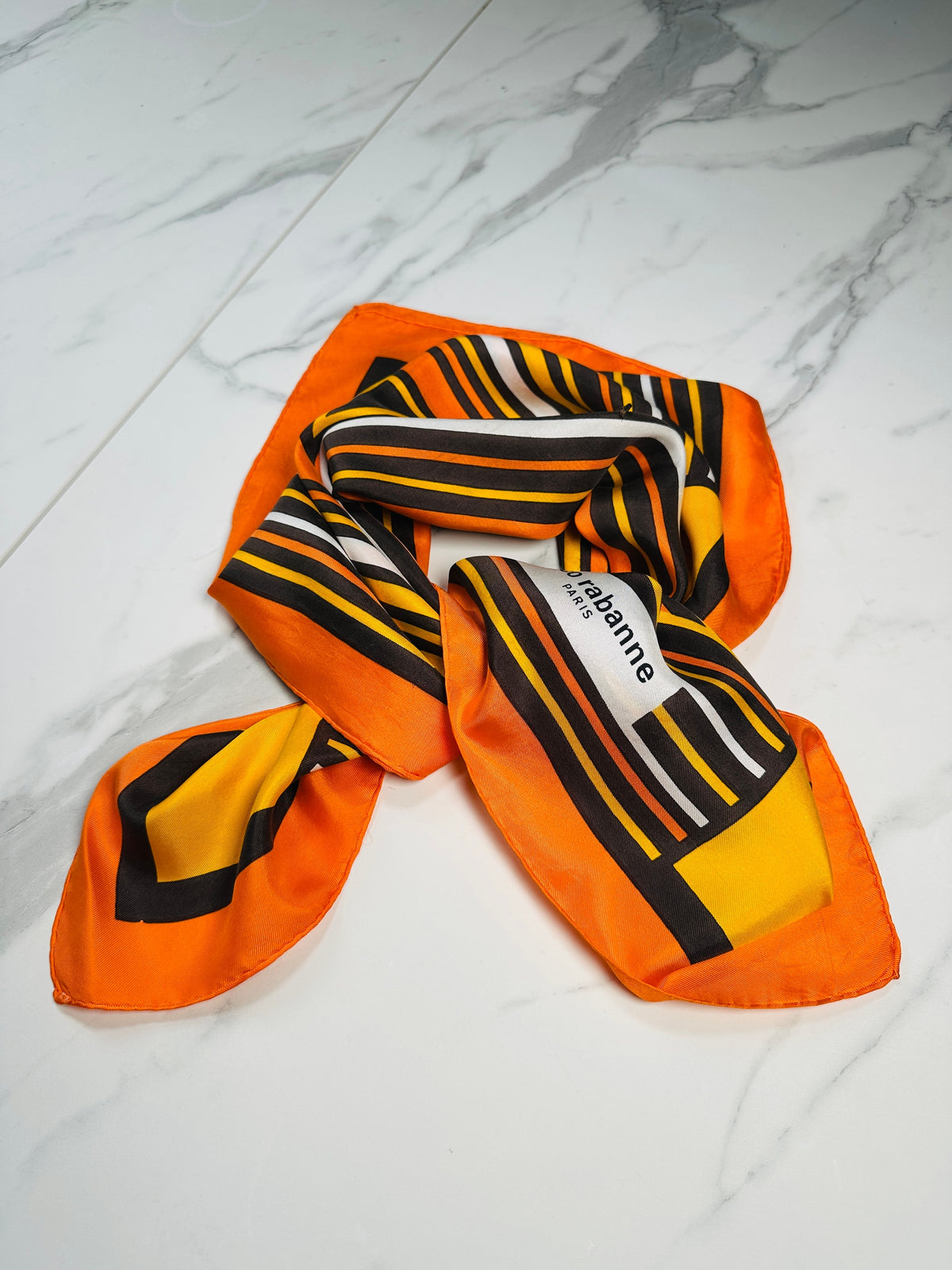 Authentic vintage orange and yellow geometric pattern silk scarf by Paco Rabanne