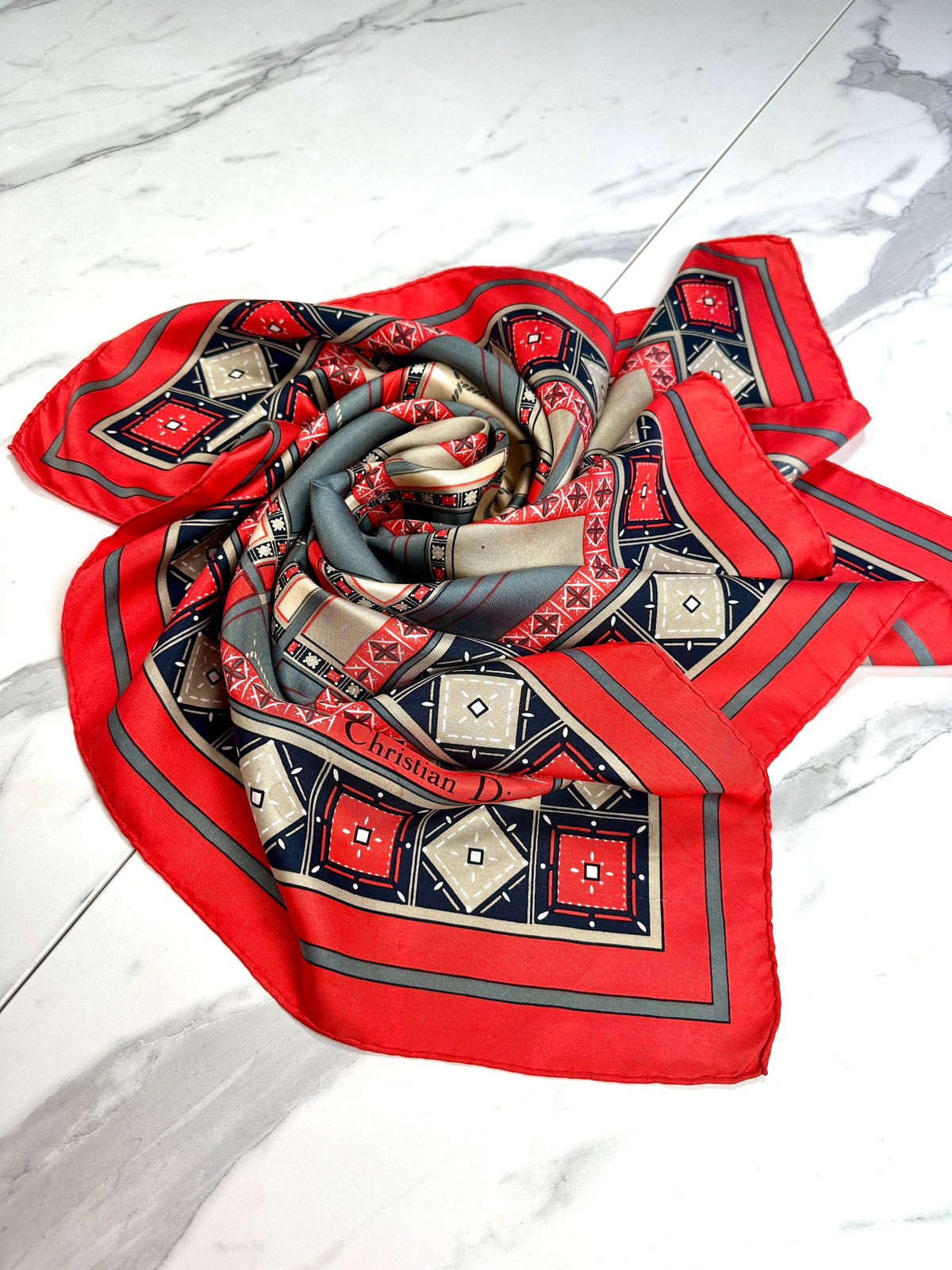 Authentic vintage red and beige geometric silk scarf Christian Dior