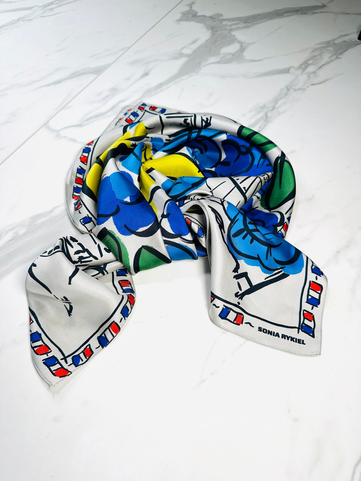 Large silk scarf Sonia Rykiel white and blue vintage floral pattern authentic