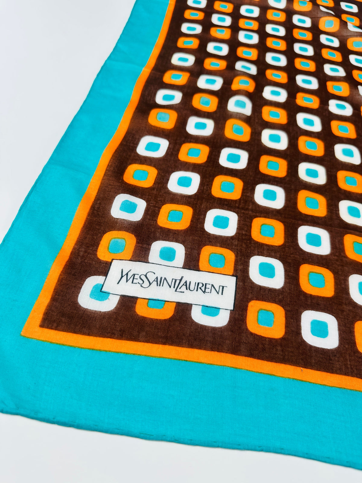 Silk Scarf Yves Saint Laurent in Brown and Turquoise with Vintage Geometric Pattern