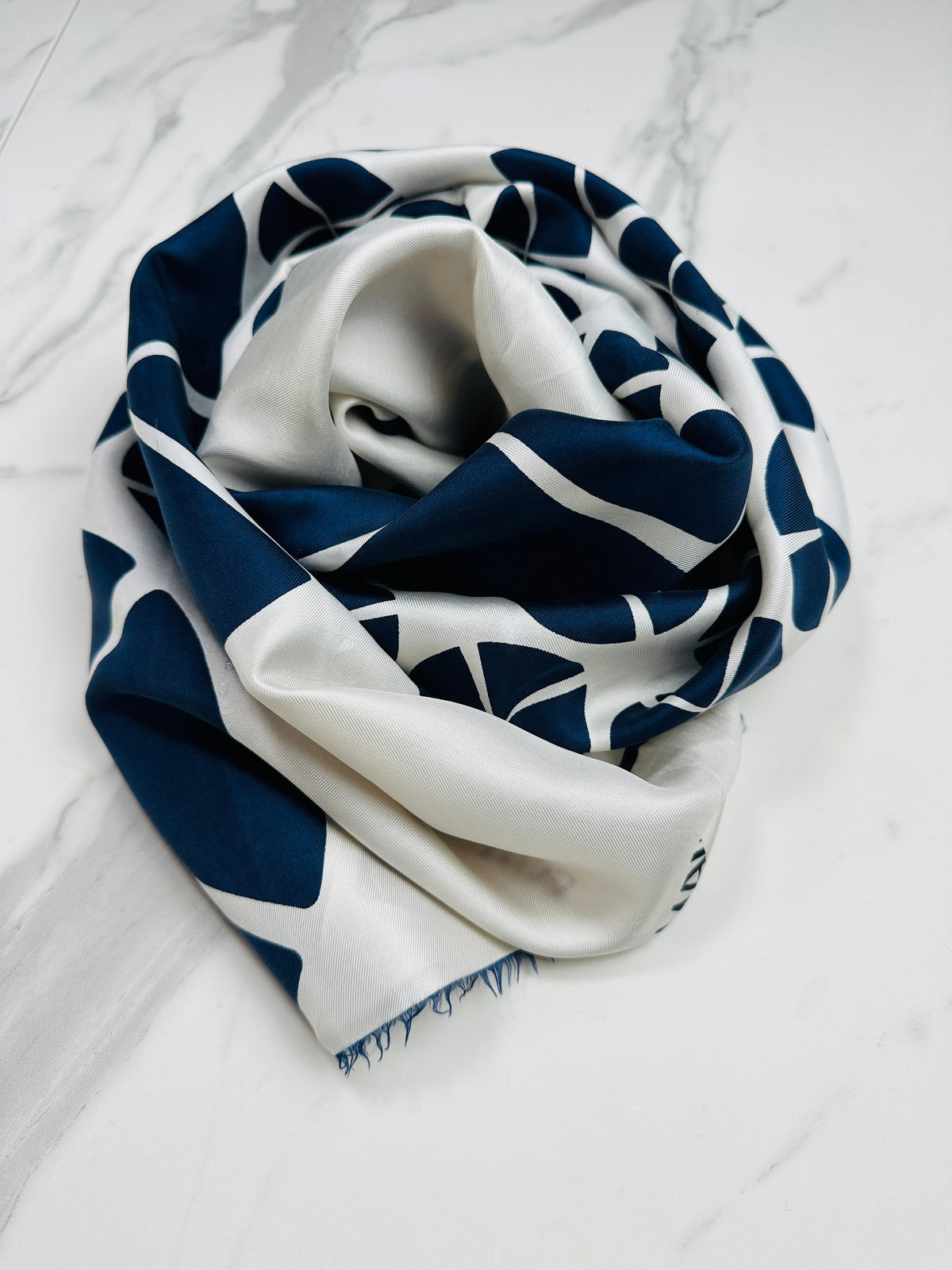 Miss Balmain Silk Scarf in Navy Blue and Cream with Authentic Vintage Geometric Pattern
