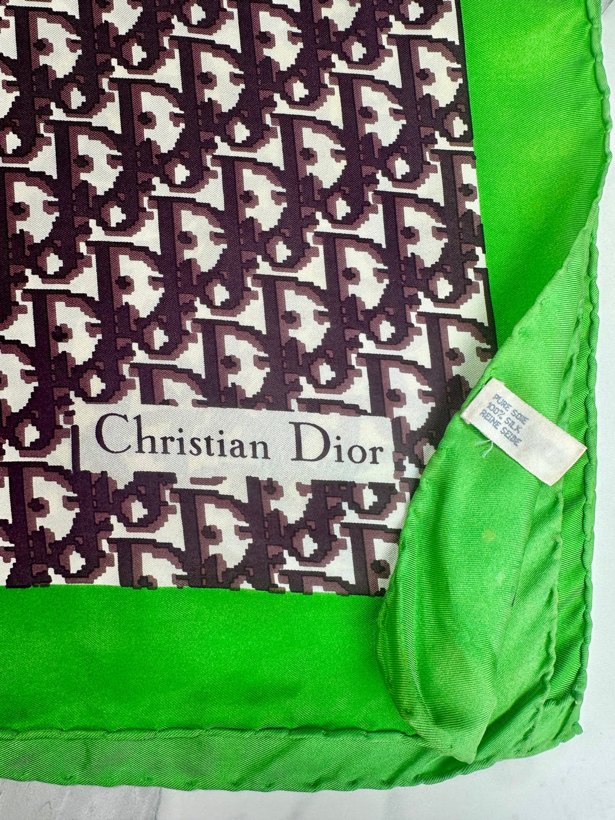 Christian Dior Silk Satin Square in Green and Black Vintage Geometric Pattern