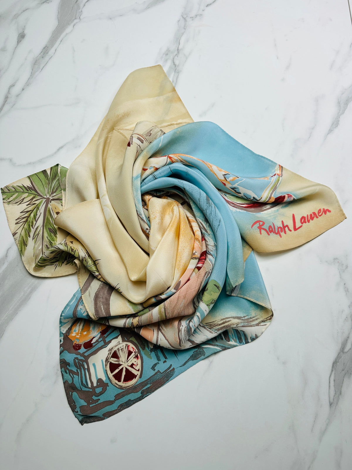 Foulard en soie vintage authentique motif côtier azur et beige par Ralph Lauren