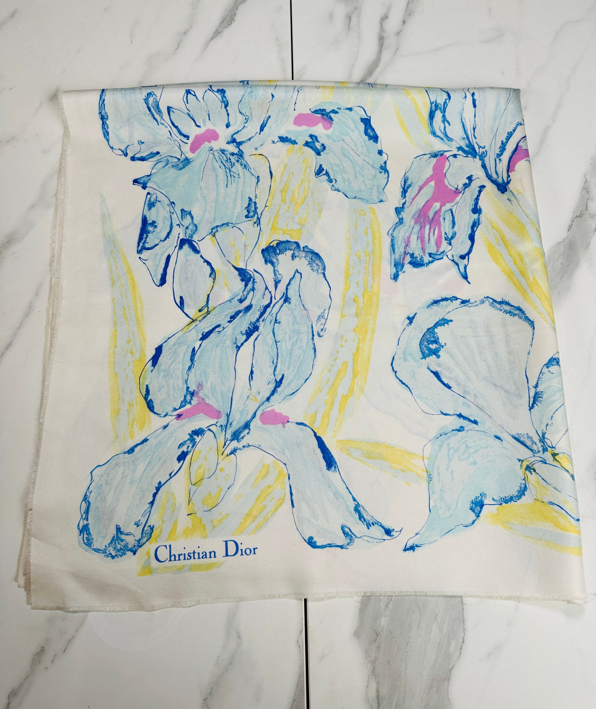 Carré Christian Dior en soie ivoire et bleu motif iris vintage authentique