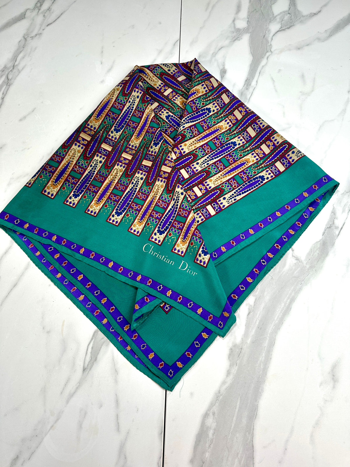 Christian Dior Silk Scarf in Emerald Green and Purple Vintage Geometric Pattern