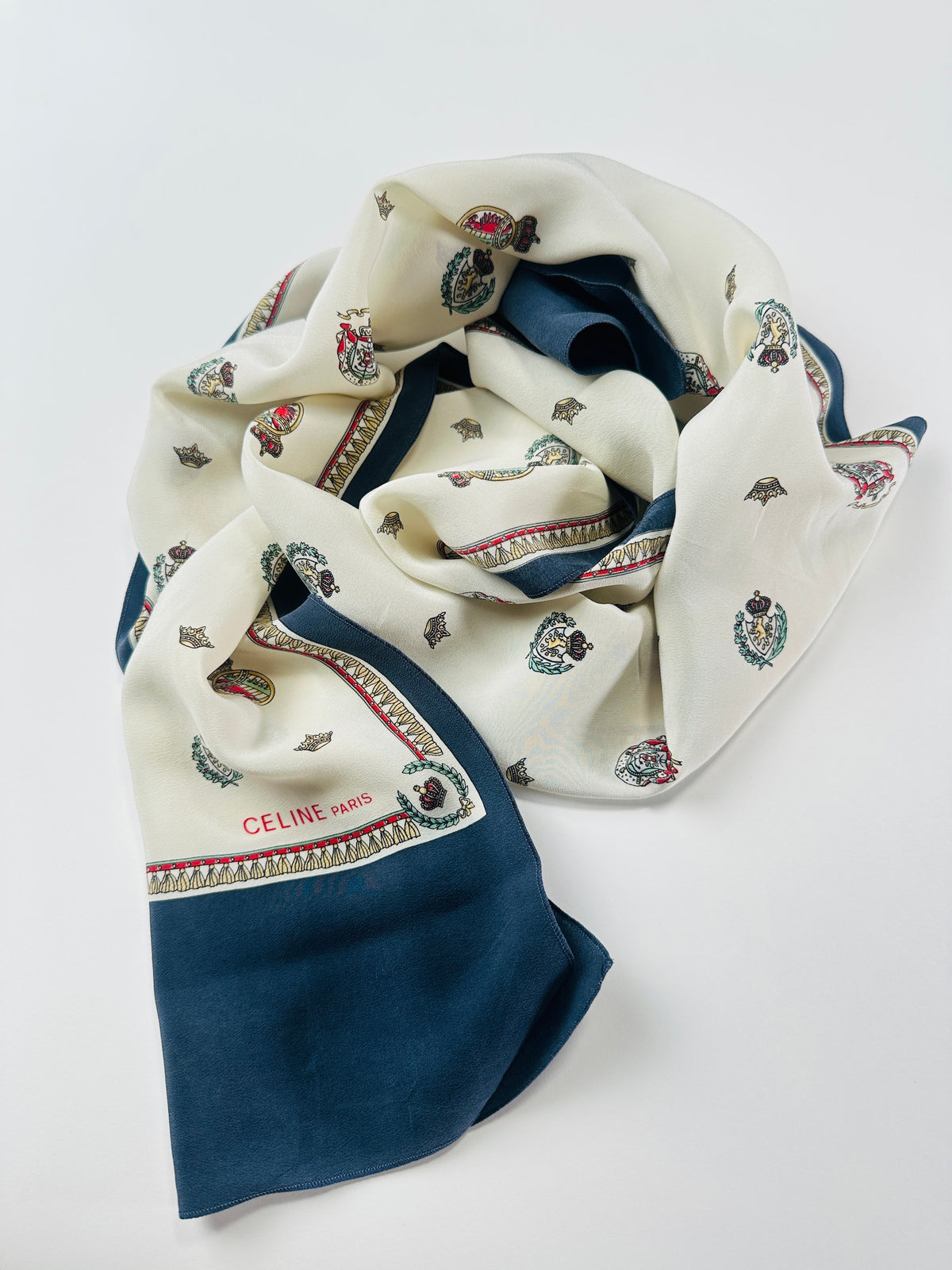 Silk scarf Céline in cream and navy with authentic vintage coat of arms pattern