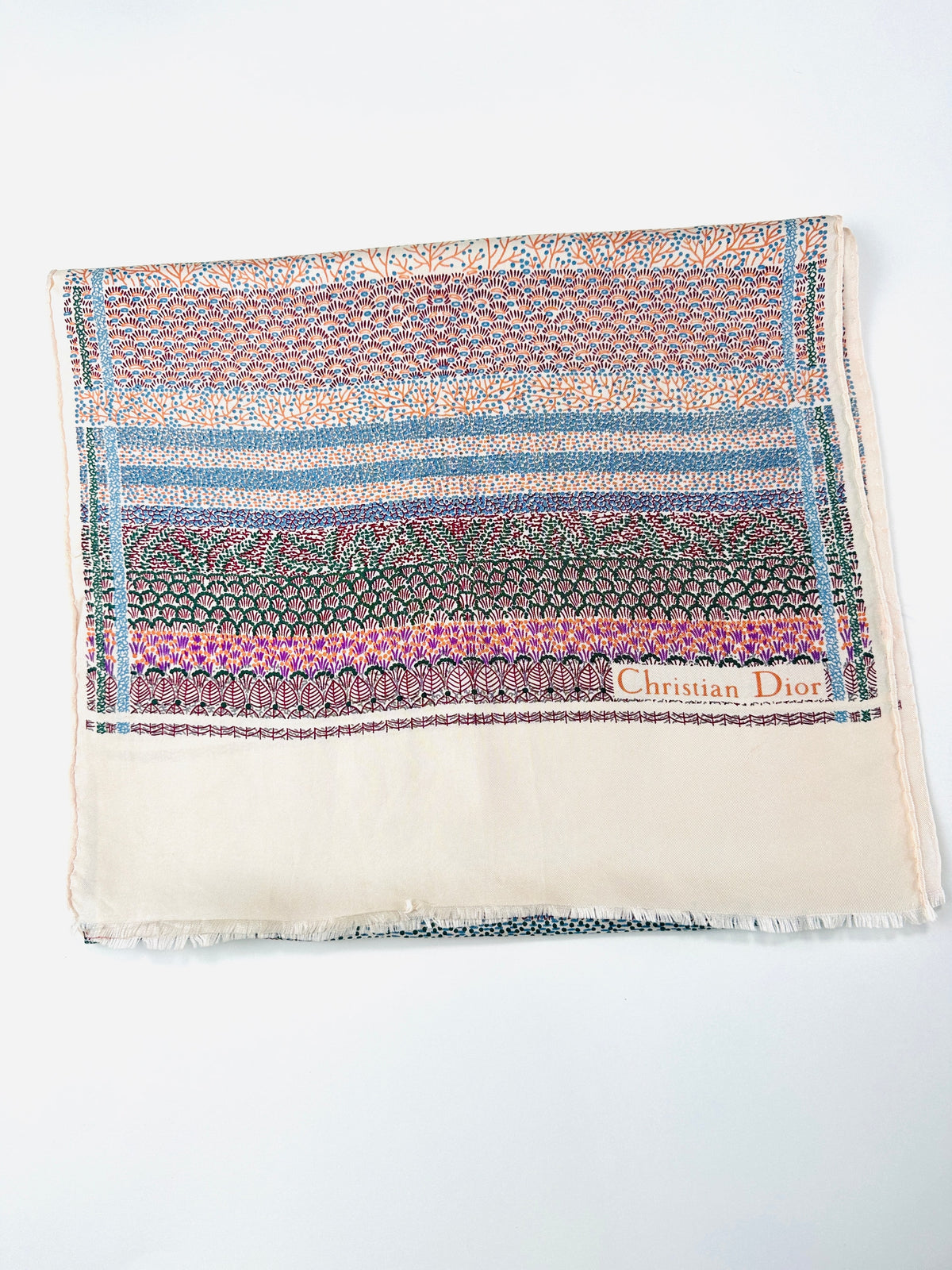 Foulard Christian Dior en soie rose et crème motif floral japonais vintage authentique