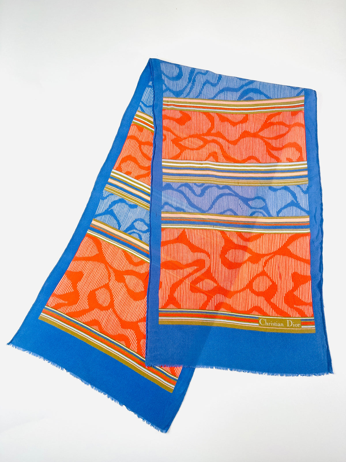 Foulard Christian Dior en soie bleu et orange motif abstrait japonais vintage authentique