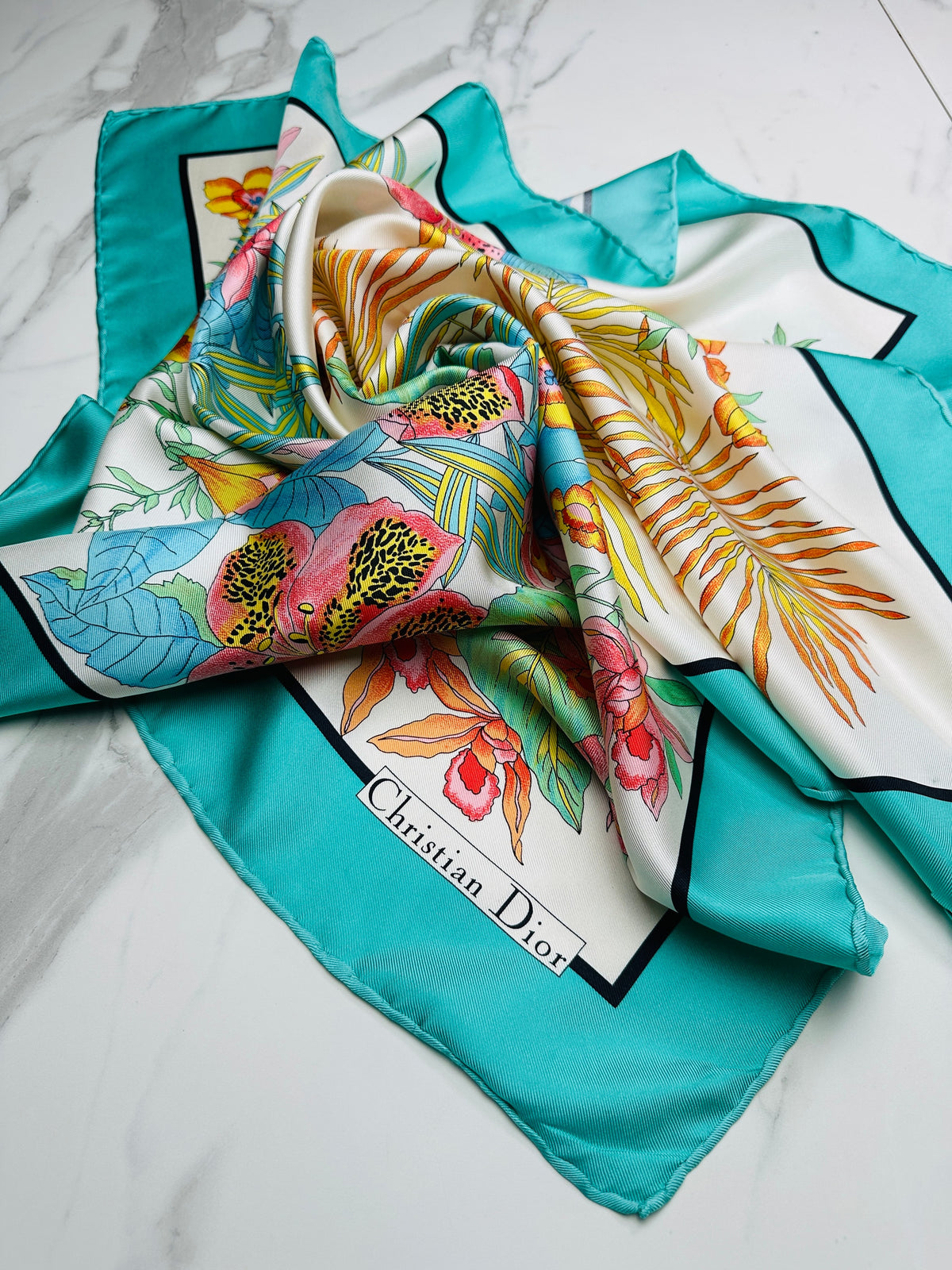 Grand foulard en soie Christian Dior turquoise et ivoire avec motif floral vintage authentique