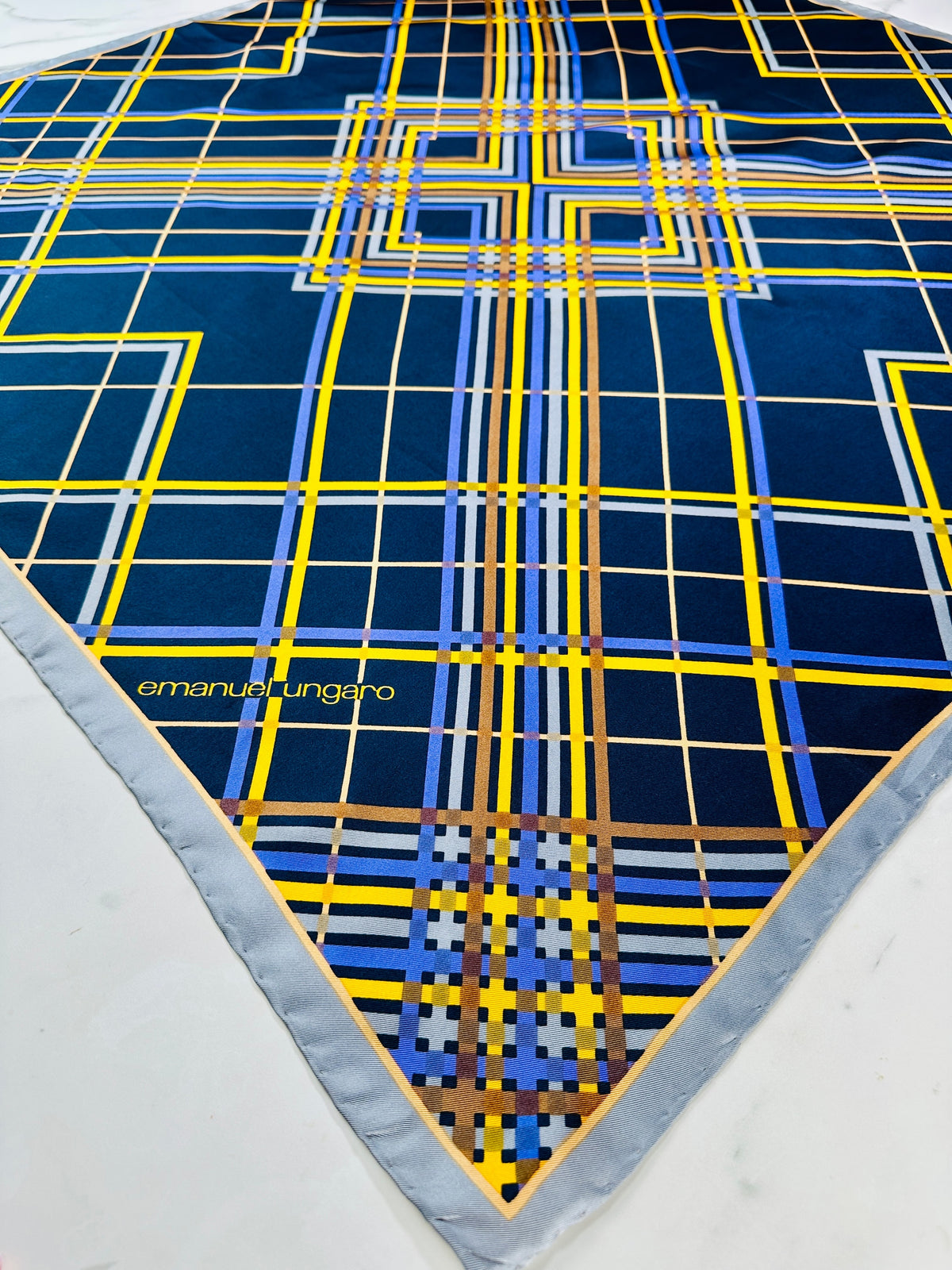 Large silk scarf Emanuel Ungaro navy blue with authentic vintage geometric pattern