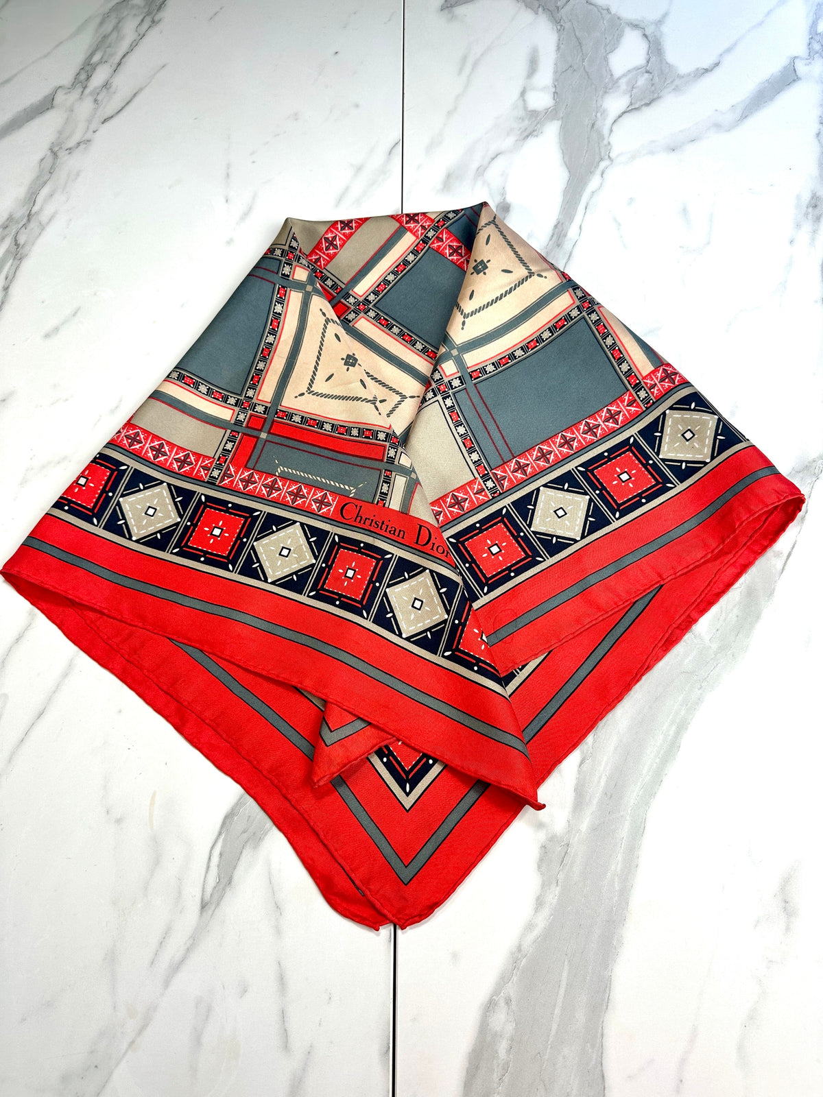Authentic vintage red and beige geometric silk scarf Christian Dior