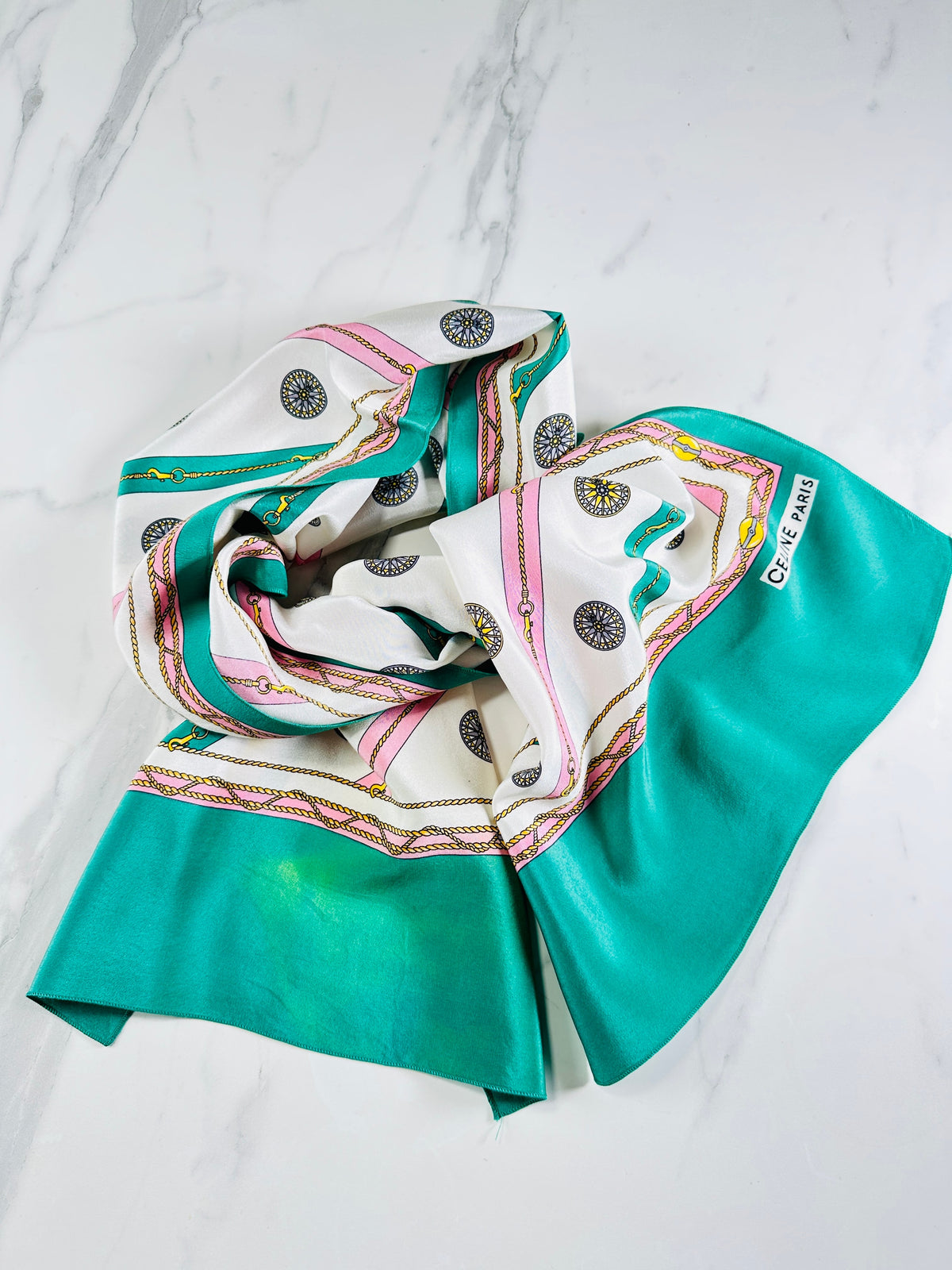 Authentic Céline Silk Scarf in Green and Cream Chain Print