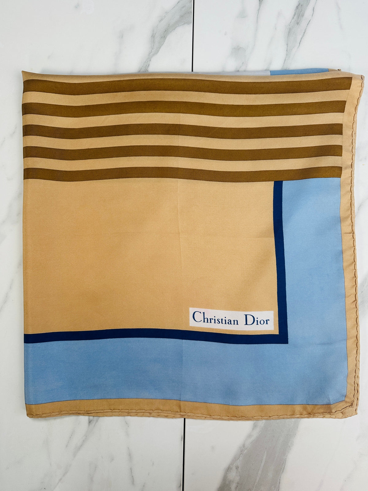 Foulard en soie satinée bleu et bronze à motif rayé Christian Dior vintage authentique