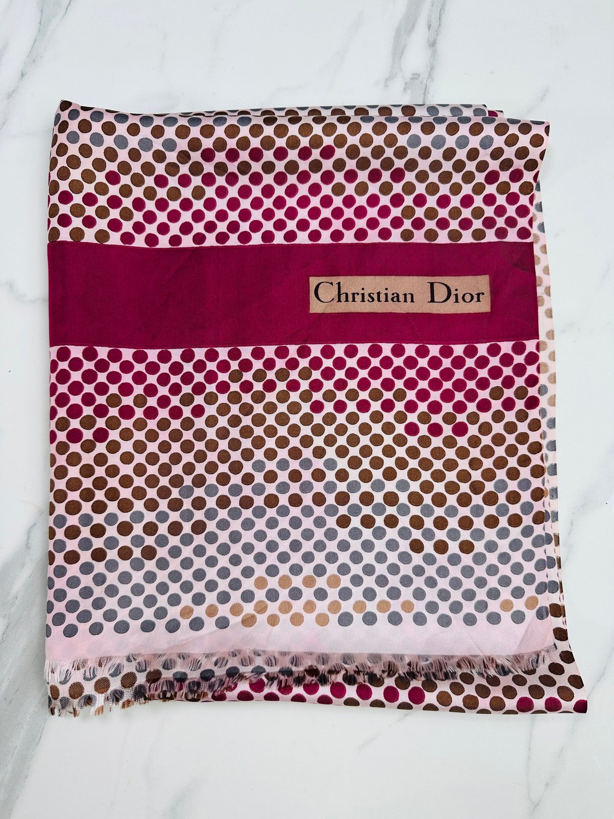 Foulard en soie à pois rose et bordeaux Christian Dior vintage authentique