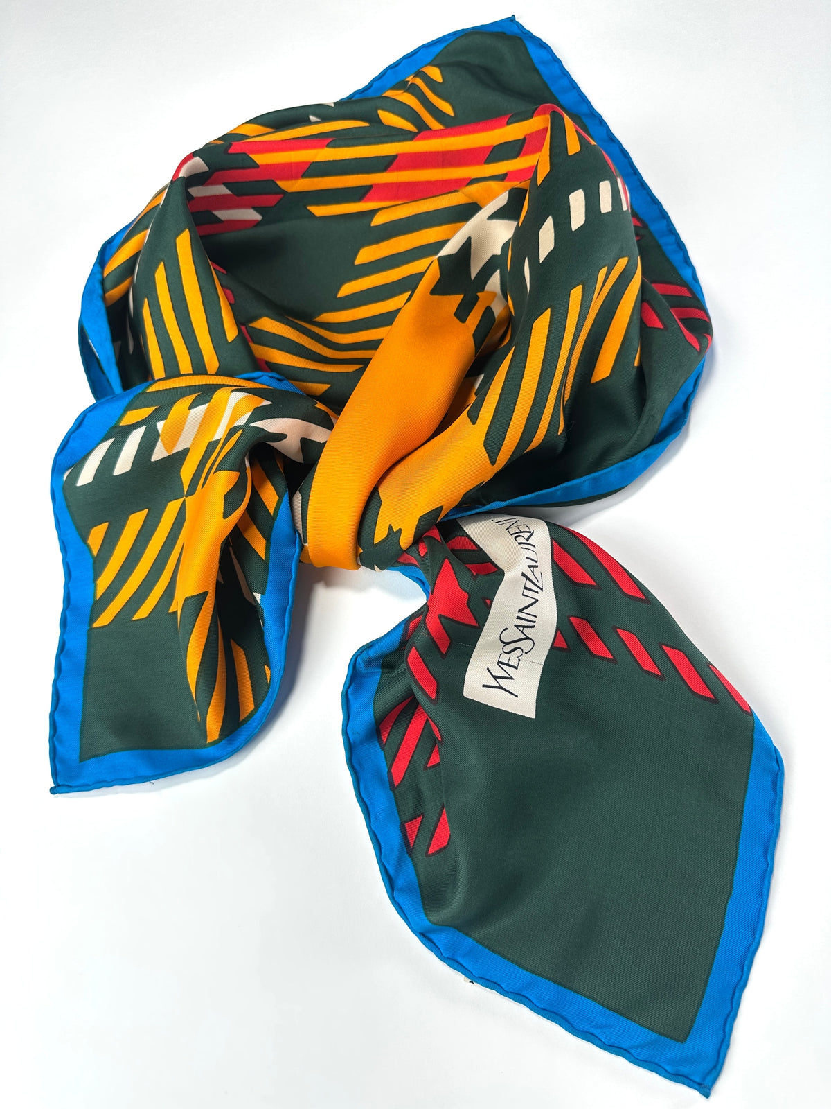 Silk Scarf Yves Saint Laurent in Green and Orange Authentic Vintage Tartan Pattern