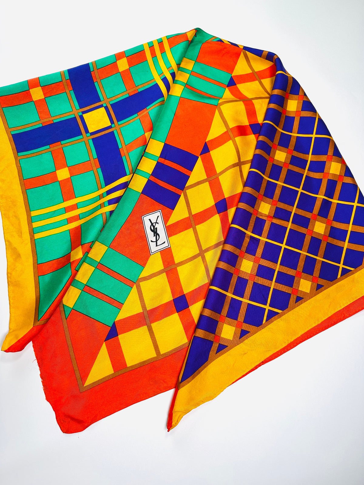 Large Silk Scarf Yves Saint Laurent in Yellow and Red Vintage Geometric Pattern