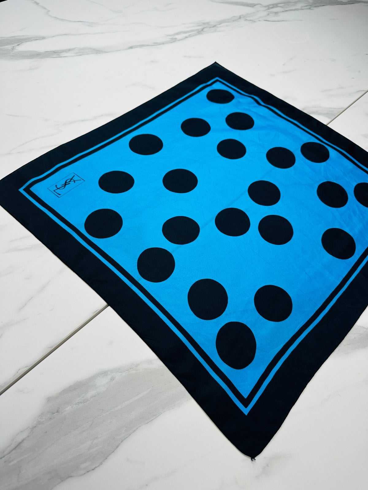 Small silk scarf Yves Saint Laurent blue and black with authentic vintage polka dot pattern