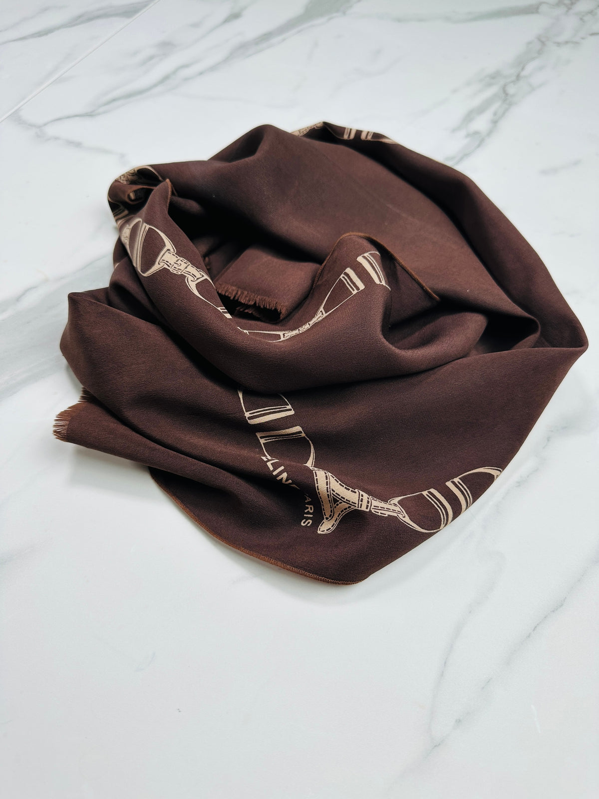 Céline Vintage Authentic Silk Scarf Equestrian Pattern Brown and Beige