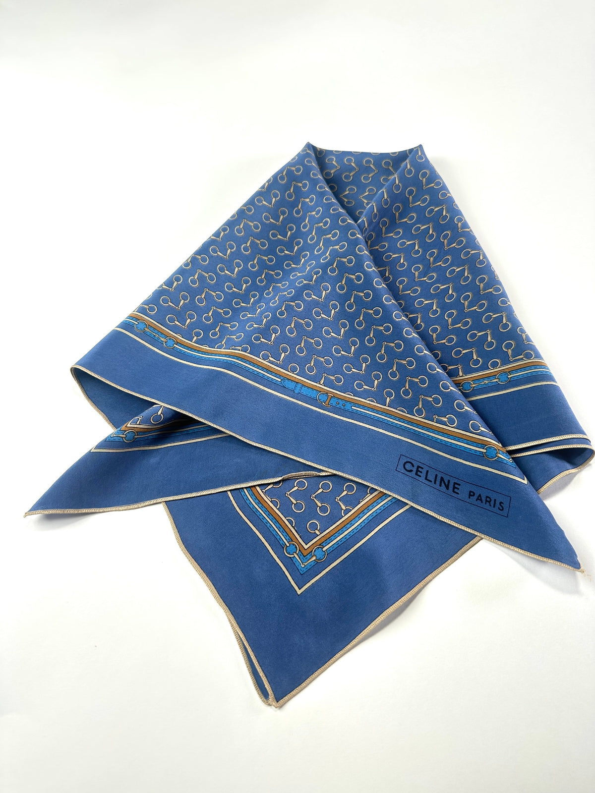 Silk Scarf Céline in Blue and Gold Vintage Equestrian Pattern