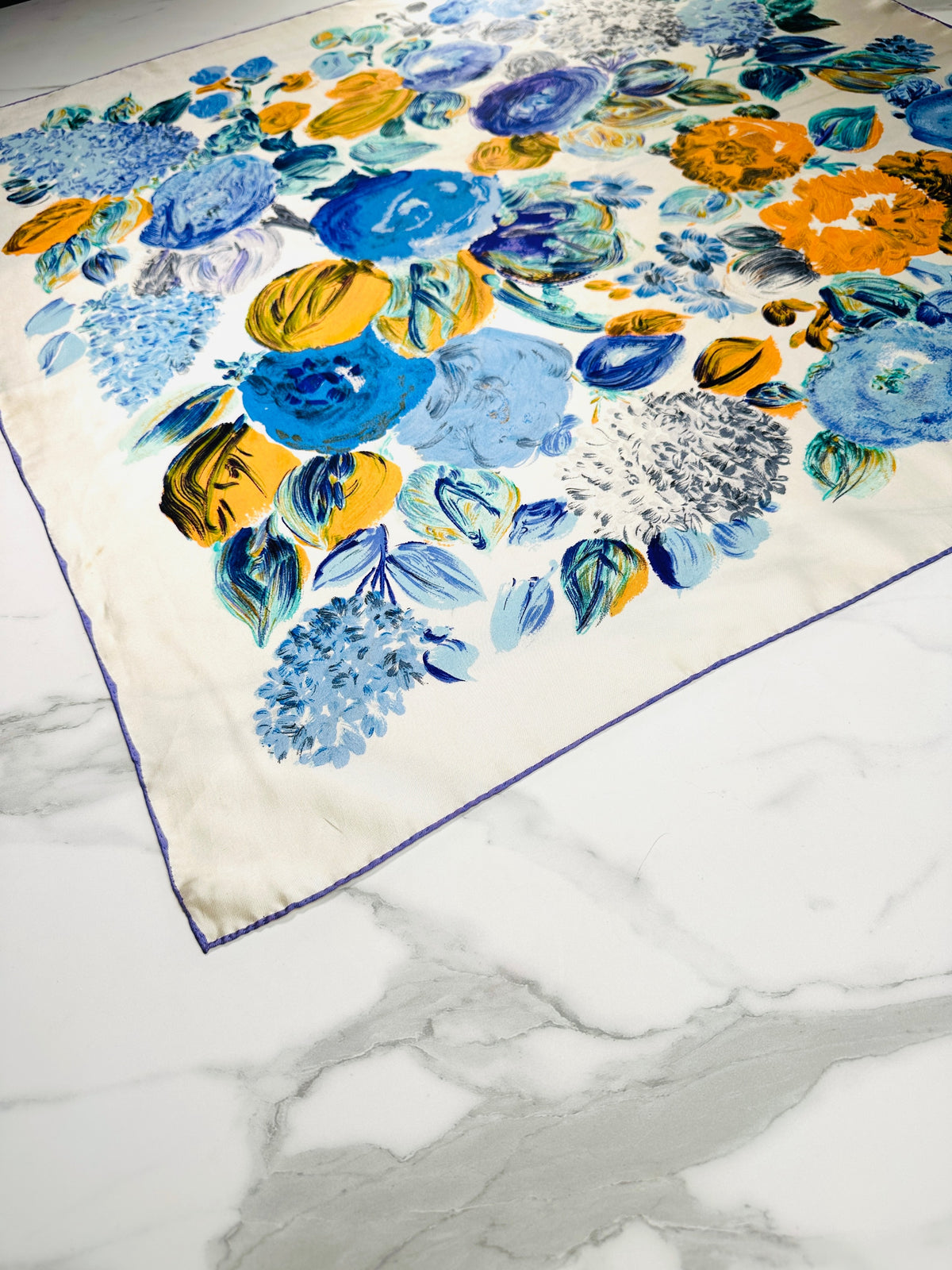 Authentic Vintage Silk Scarf Pierre Balmain Cream and Blue with Floral Pattern