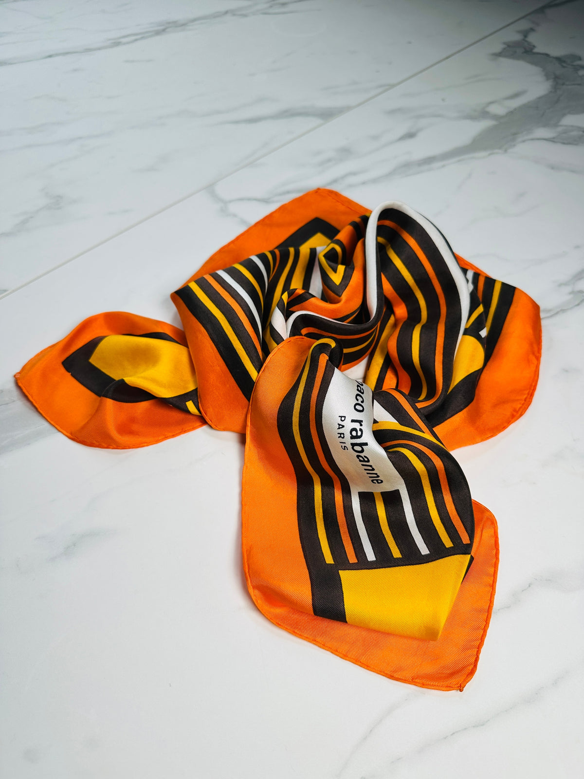 Authentic vintage orange and yellow geometric pattern silk scarf by Paco Rabanne